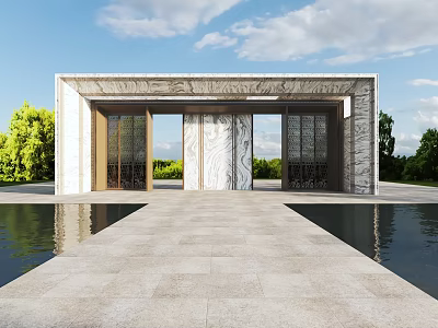 Modern Marble Entrance Gate With Water Pool Stone Pathway Green Plants Blue Sky White Clouds 3d model