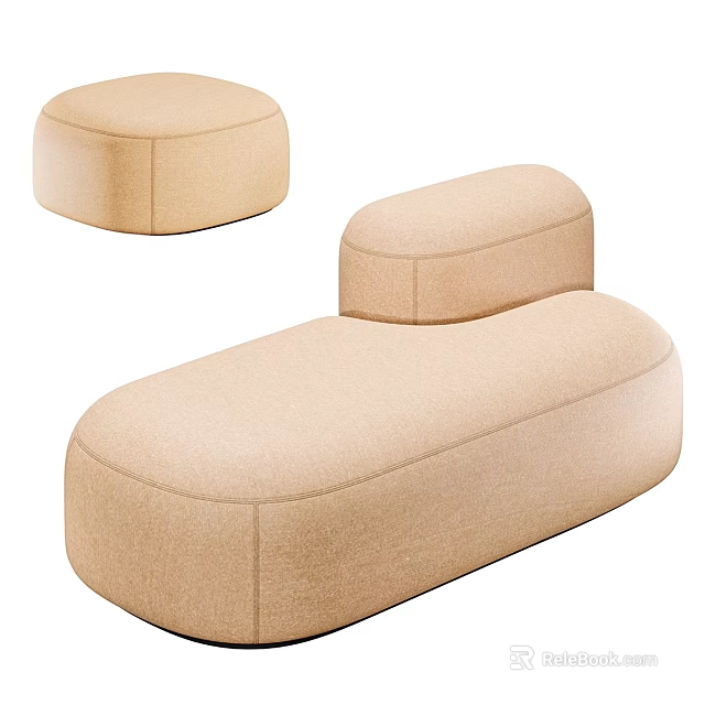 Soft Beige Fabric Ottoman And Chaise Lounge With Rounded Design 3d model