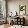 Elegant Dressing Table With Round Mirror Brown Stool Vase Lamp And Decorative Wall Art