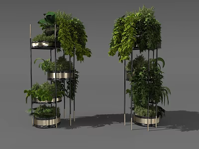 Multi tiered Metal Stand Bonsai Potted Plants With Green Foliage For Indoor Decor 3d model