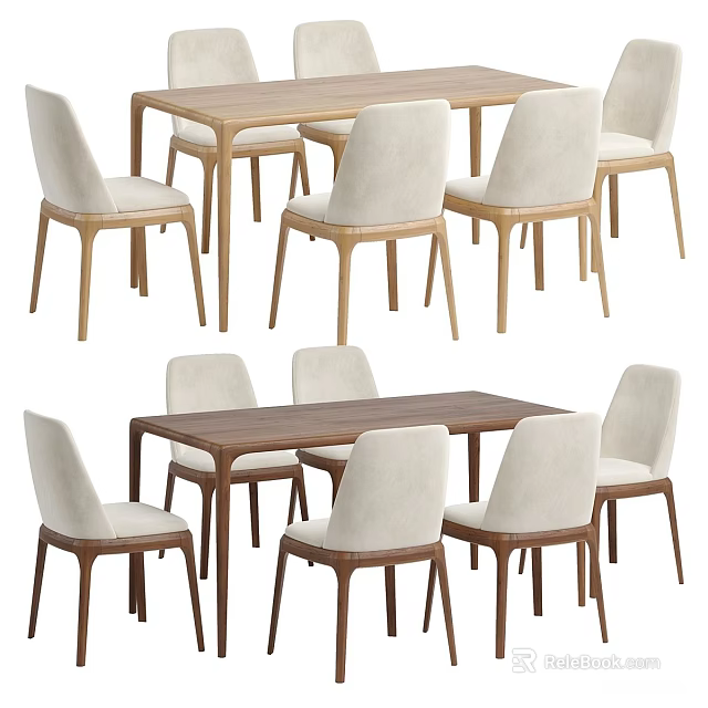 Modern Dining Table Set With Wooden Table And Six Beige Upholstered Chairs 3d model