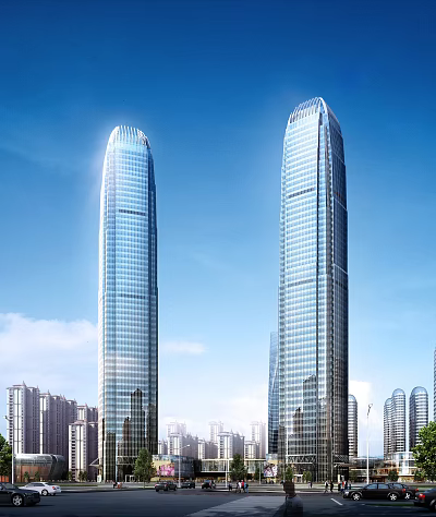 Two Tall Office Buildings with Glass Curtain Walls against Blue Sky and Surrounding Buildings 3d model