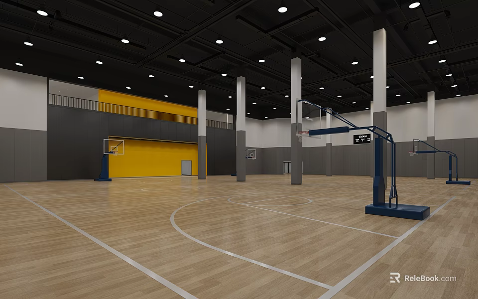 Indoor Basketball Gym With Wooden Floor Yellow Walls White Pillars And Ceiling Lights 3d model 