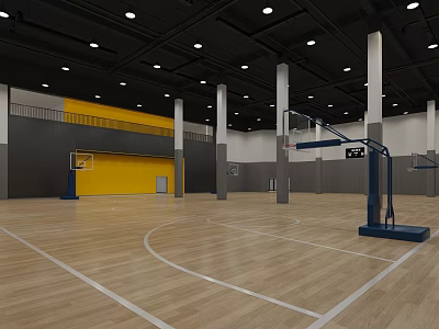 Indoor Basketball Gym With Wooden Floor Yellow Walls White Pillars And Ceiling Lights 3d model