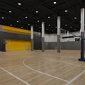 Indoor Basketball Gym With Wooden Floor Yellow Walls White Pillars And Ceiling Lights
