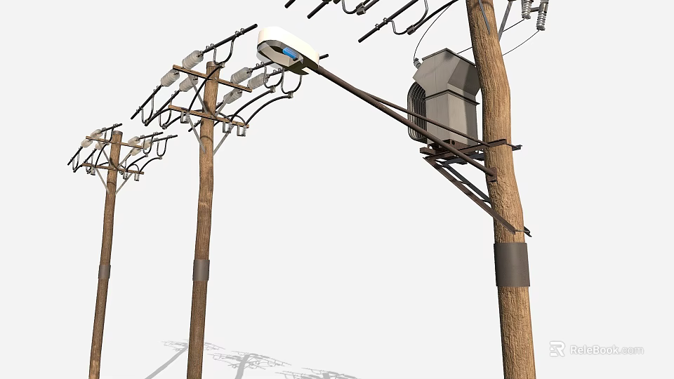 Wooden Utility Poles With Power Lines Street Light And Electrical Box Setup 3d model 