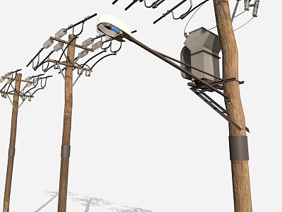 Wooden Utility Poles With Power Lines Street Light And Electrical Box Setup 3d model