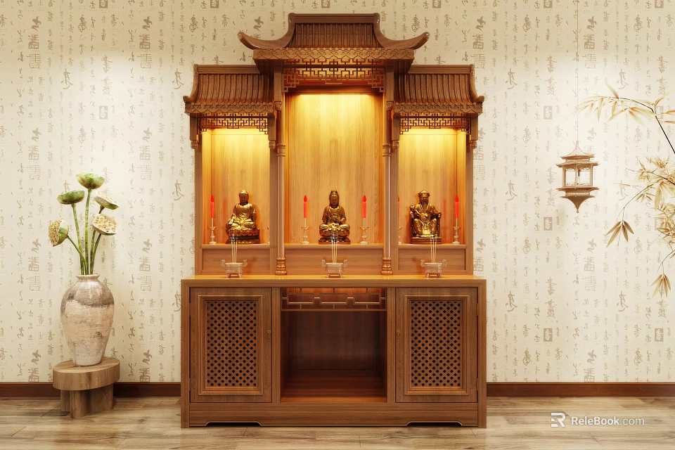 Traditional Wooden Buddhist Shrine Cabinet With Buddha Statues Lighting And Calligraphy Wall Decorations 3d model 