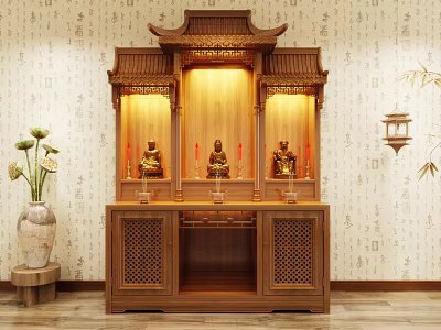 Traditional Wooden Buddhist Shrine Cabinet With Buddha Statues Lighting And Calligraphy Wall Decorations 3d model