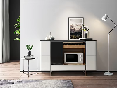 Modern White And Black Sideboard With Wine Rack Microwave Framed Painting And Floor Lamp 3d model