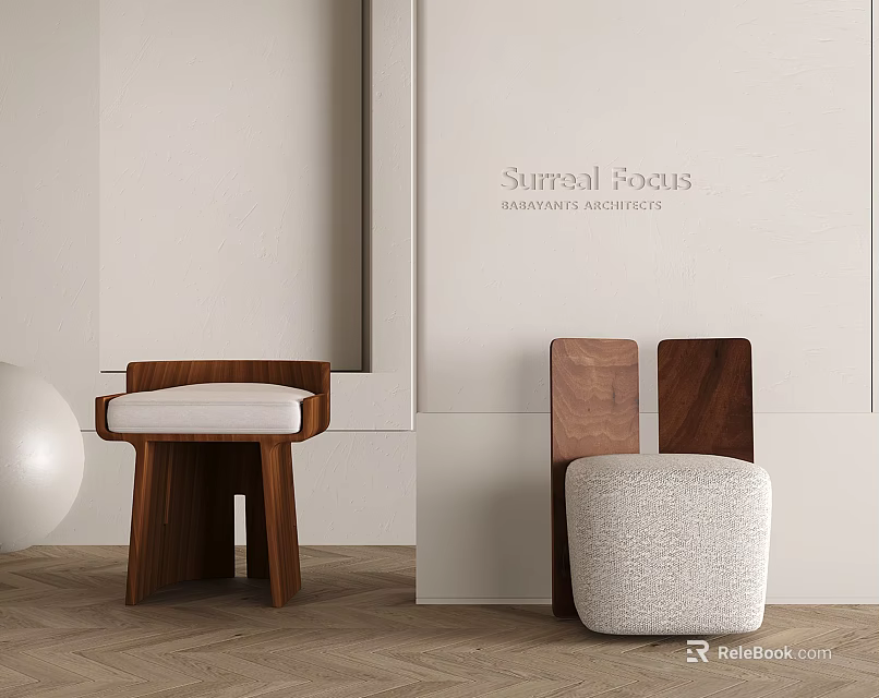 Wooden Stools With White Padded And Textured Seats In Minimalist Interior With Light-Colored Walls 3d model 