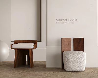Wooden Stools With White Padded And Textured Seats In Minimalist Interior With Light-Colored Walls 3d model
