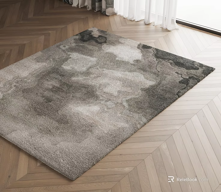 Modern Square Rug With Gray Watercolor Texture On Herringbone Wooden Floor 3d model 