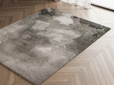 Modern Square Rug With Gray Watercolor Texture On Herringbone Wooden Floor 3d model