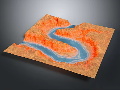 3D Architectural Terrain Model Featuring Orange Mountain Ranges And Blue River 3d model