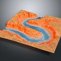 3D Architectural Terrain Model Featuring Orange Mountain Ranges And Blue River