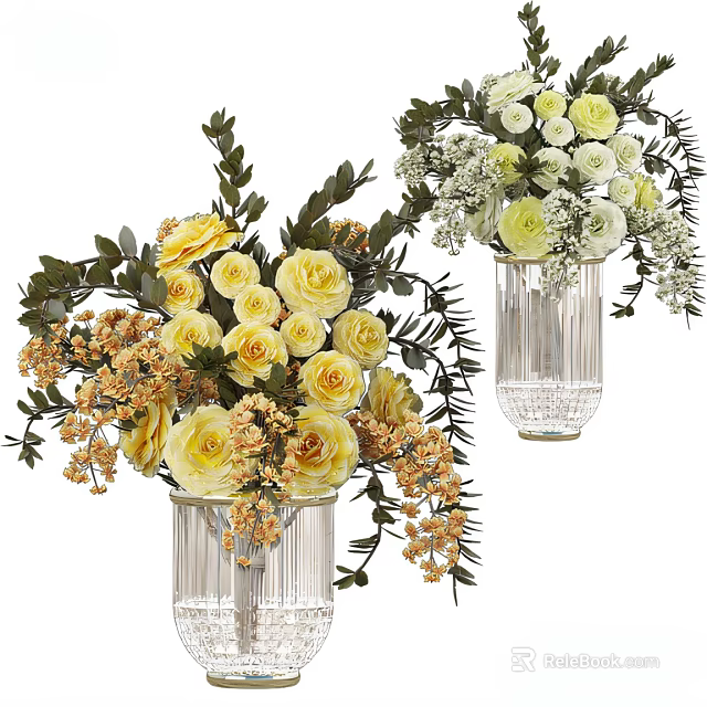 Yellow White Roses Green Leaves Small Flowers in Glass Vase Vertical Stripes Elegant Arrangement 3d model 