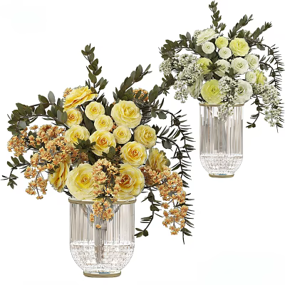 Yellow White Roses Green Leaves Small Flowers in Glass Vase Vertical Stripes Elegant Arrangement 3d model