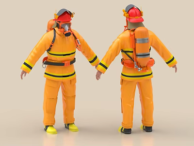 Fireman In Orange Firefighting Uniform With Helmet Respirator And Boots 3d model