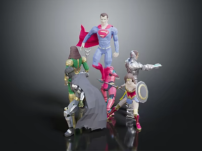 Blue Red Green And Silver Superhero Action Figures With Capes Armor Shields And Weapons 3d model