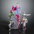 Blue Red Green And Silver Superhero Action Figures With Capes Armor Shields And Weapons