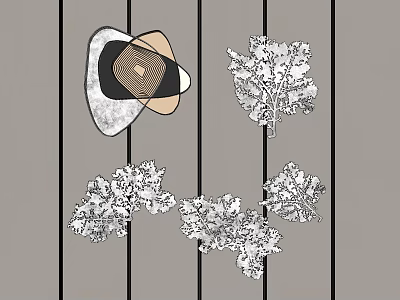 Creative Wall Decor With Geometric Shapes And Leaf Patterns On Striped Background 3d model