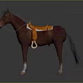 Brown Horse Standing With Orange Saddle And Bridle On Gray Background