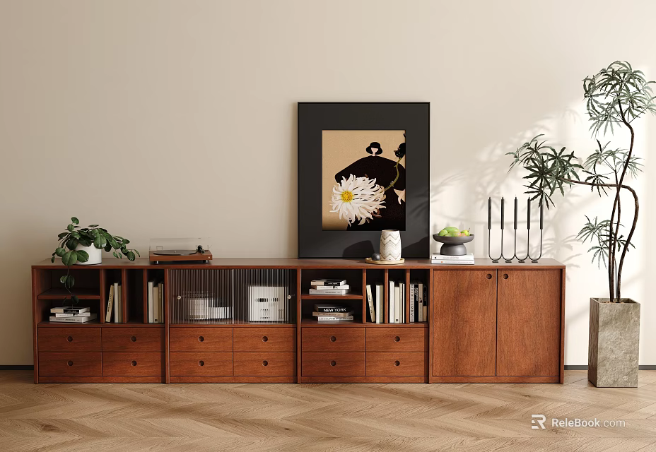Walnut Bookcase With Drawers Cabinet Doors Featuring Books Decorative Items Potted Plant And Wall Art 3d model 