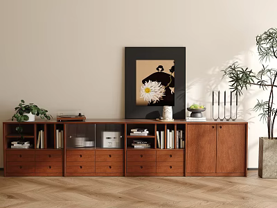 Walnut Bookcase With Drawers Cabinet Doors Featuring Books Decorative Items Potted Plant And Wall Art 3d model