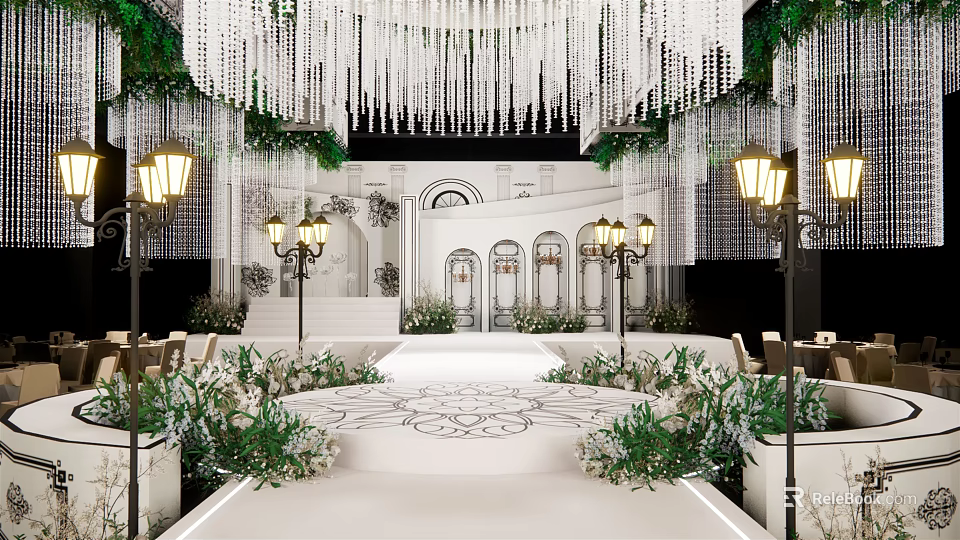 Elegant Luxury Banquet Hall With Hanging Chandeliers Greenery Decor Elegant Steps And Patterned Floor 3d model 