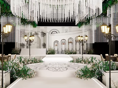 Elegant Luxury Banquet Hall With Hanging Chandeliers Greenery Decor Elegant Steps And Patterned Floor 3d model