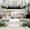 Elegant Luxury Banquet Hall With Hanging Chandeliers Greenery Decor Elegant Steps And Patterned Floor