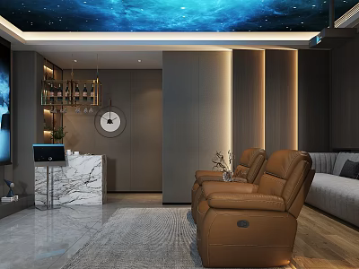 Elegant Home Theater Room Interior With Starry Sky Ceiling Brown Leather Sofas And Marble Bar 3d model