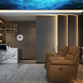 Elegant Home Theater Room Interior With Starry Sky Ceiling Brown Leather Sofas And Marble Bar