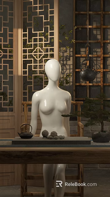Traditional Chinese Tea Set Display With White Mannequin Wooden Lattice And Bonsai Tree 3d model 