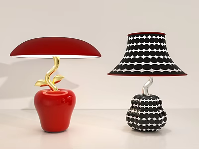 Red Apple Shaped And Black Pear Shaped Table Lamps With Golden Accents And White Dots 3d model
