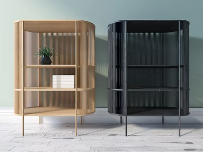 Modern Light Wood And Black Shelving Units With Multi Layer Open Design And Decorative Plant On Top 3d model