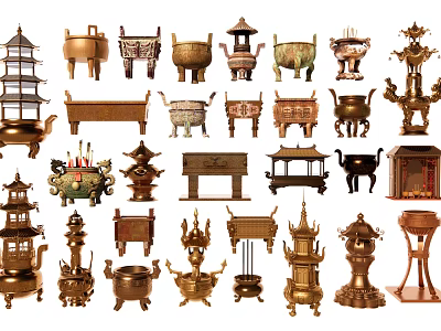Classic Style Decorative Ornament Set With Various Metal Tower Tripod And Incense Burner Designs 3d model