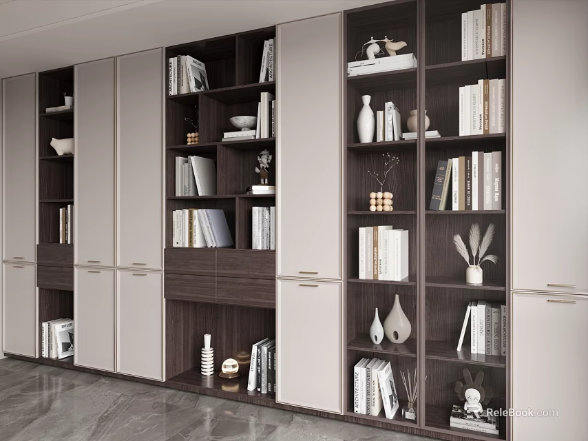 Modern Wooden Bookcase Interior Design With Shelves Doors Books Vases And Sculptures 3d model 