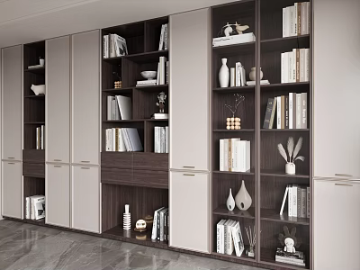 Modern Wooden Bookcase Interior Design With Shelves Doors Books Vases And Sculptures 3d model