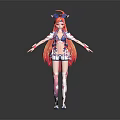 Anime Character with Red Long Hair Blue Accessories Pink Leg Patterns and Arms Outstretched