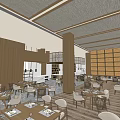 Elegant Restaurant Interior With Wooden Elements Woven Ceiling White Chairs And Open Layout 3d model
