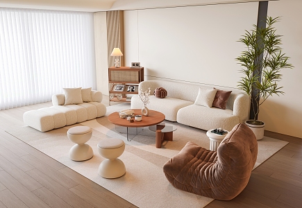 Sofa Coffee Table Combination Sofa Carpet Floor Lamp Cream Wind Double Sofa Pier Plant 3d model