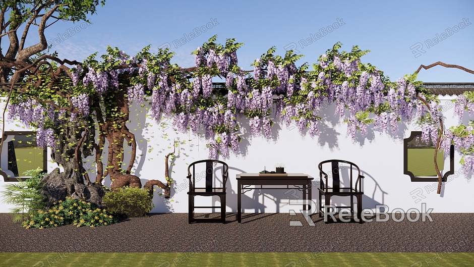 Shrub wisteria vine plant rockery sketch Chinese garden sketch garden green landscape wall model