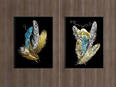 Modern Decorative Paintings With Blue Gold Silver Feathers On Black Background And Striped Wall 3d model