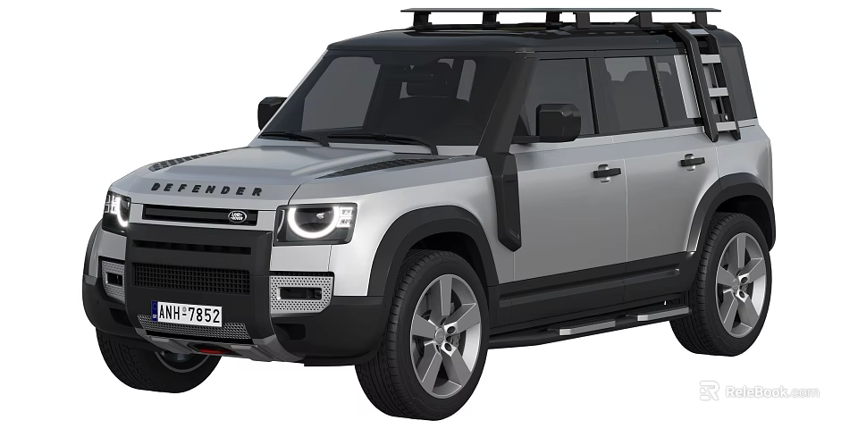 Modern Silver Defender SUV With Roof Rack Large Wheels Front Grille Headlights Design 3d model 