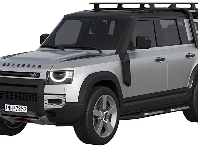 Modern Silver Defender SUV With Roof Rack Large Wheels Front Grille Headlights Design 3d model
