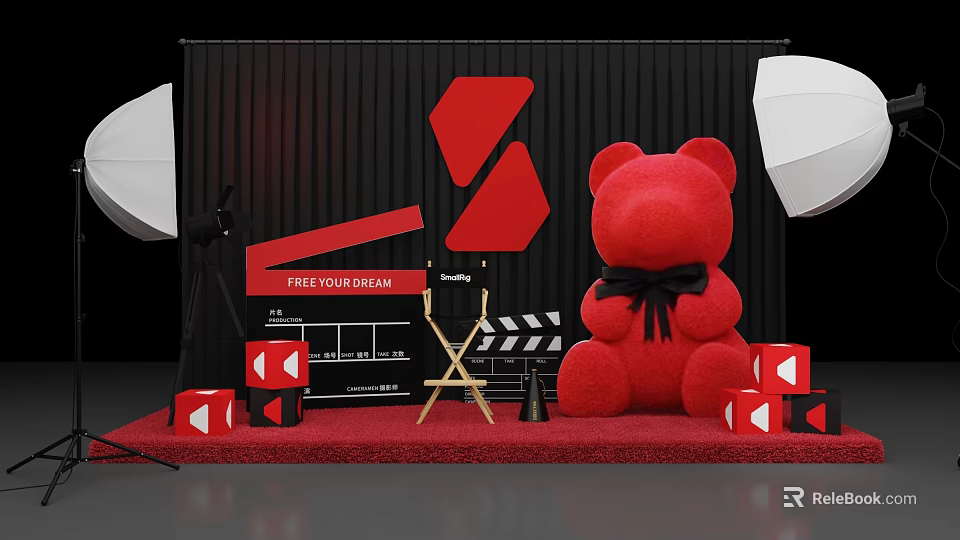 Stylish Photo Check-in Spot With Red Teddy Bear Clapperboard Director Chair And Red Carpet 3d model 