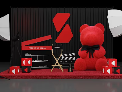 Stylish Photo Check-in Spot With Red Teddy Bear Clapperboard Director Chair And Red Carpet 3d model