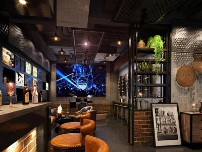Modern Industrial Bar Interior With Bar Counter Vintage Leather Chairs And Large Screen 3d model